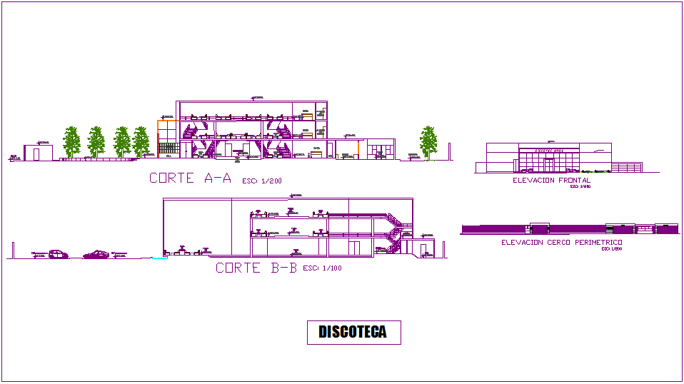 Discotheque elevation and different axis section view dwg file