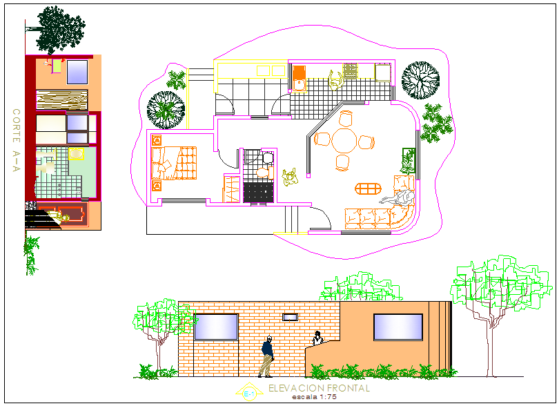 Family house design with plan,elevation and side view