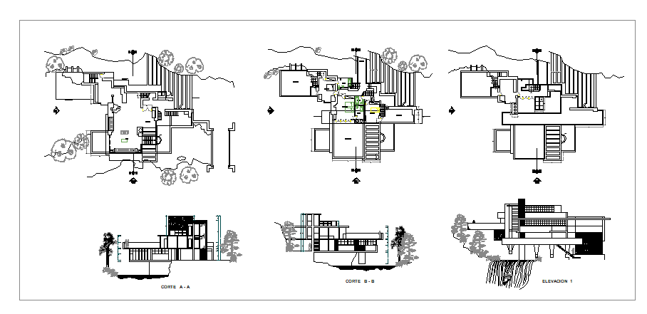 Floor plan and exterior elevation of a bungalow dwg file