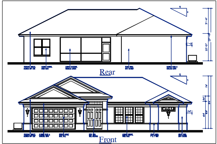 Front elevation and rear elevation view of bungalow dwg file