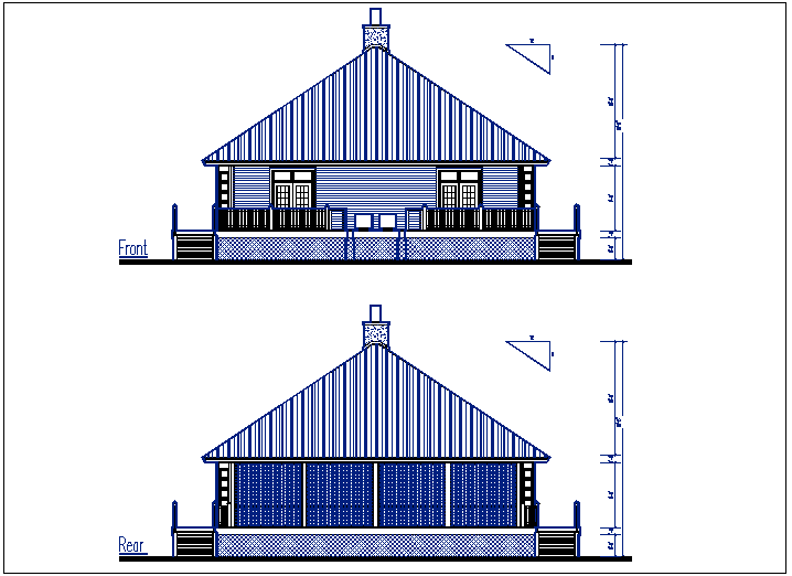 House plan Front elevation & back elevation view, bungalow dwg file
