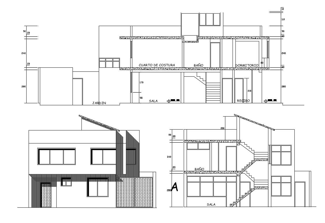 Make 2d Cad Drawing Two Section And Elevation Of Bungalow Autocad File