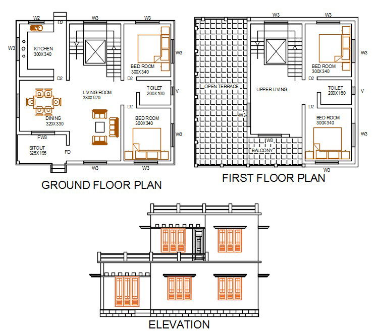 Residential House Building Plan And Elevation DWG