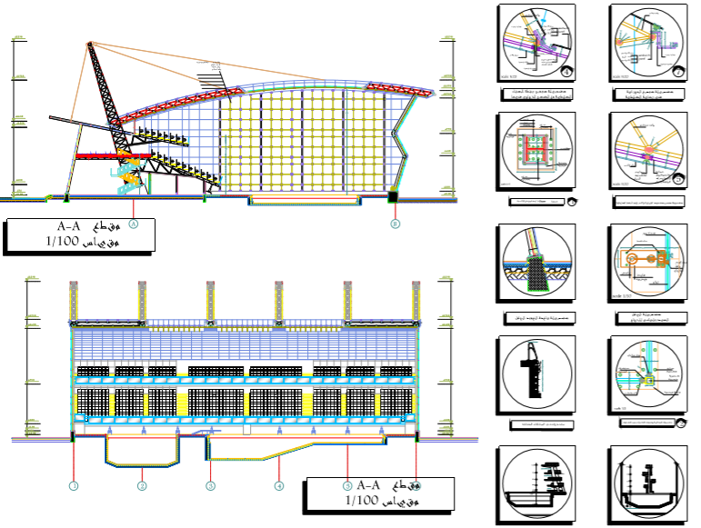  Swimming pool and sports center elevation, section and plan details dwg