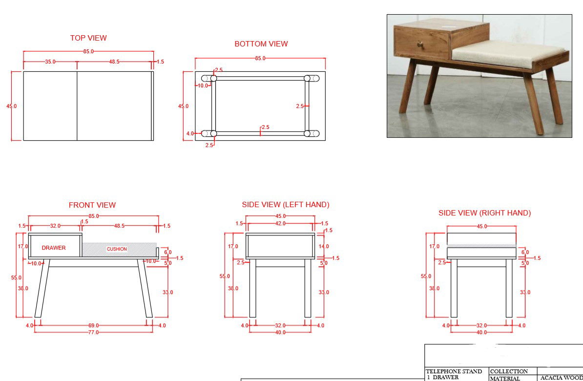 Telephone Stand 1 drawer size 180x20x21 For Drawing PDF File