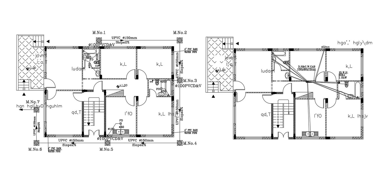 Two Floor Plan Of Bungalow With Plumbing Design