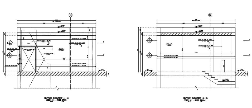 core reinforcement detail structural plan with section and elevation .