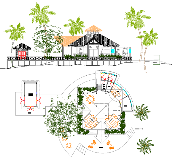 Bar Resort AutoCAD DWG Plan with 2D Layout and Architectural Elevation