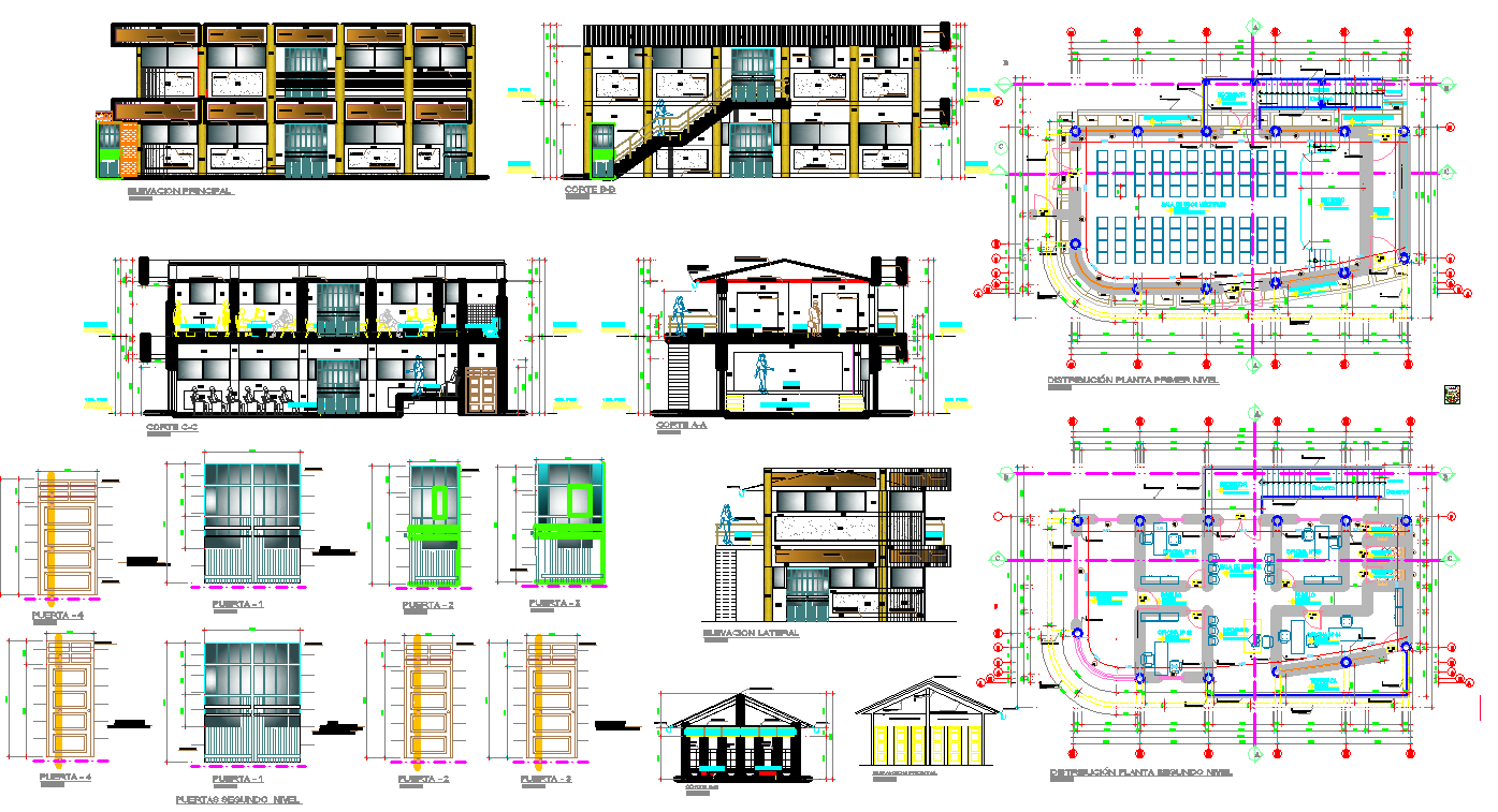 Community Hall Floor Plan DWG with Elevation and Section Details
