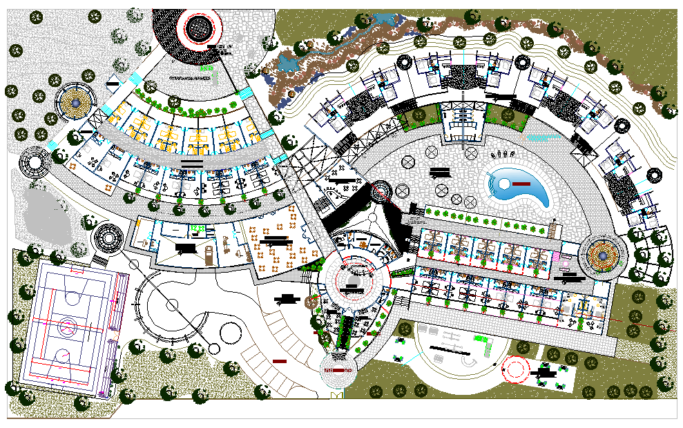 Hotel Design Plan with Gym, Swimming Pool, and Garden Layout