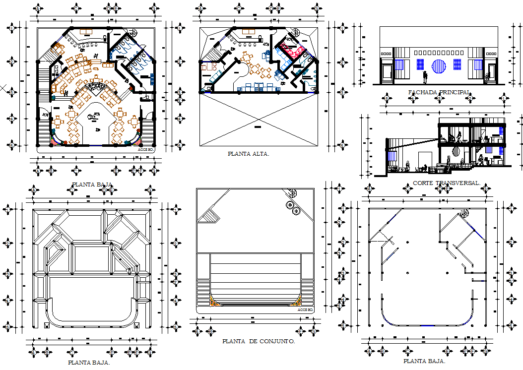 Restaurant and Bar DWG File with Floor Plans Section and Elevation