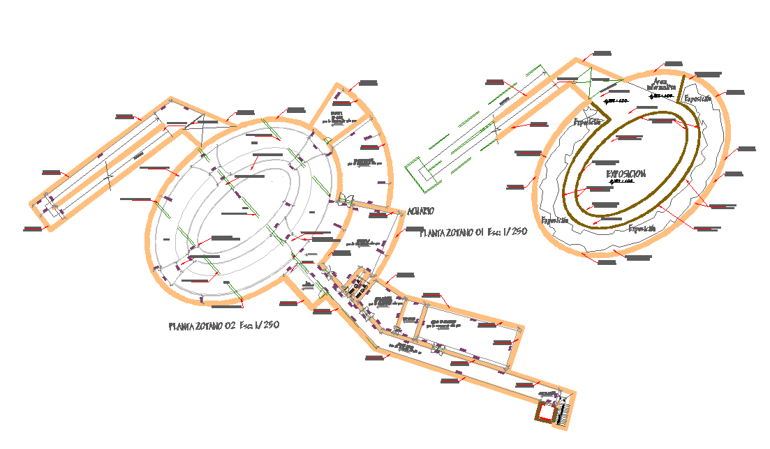 Aquarium Building 2D CAD Drawing with Floor Layout and Details