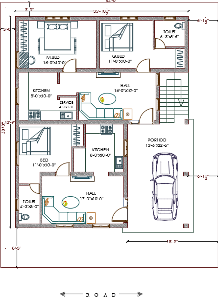 Rental House CAD File with 3BHK Layout and Car Parking Design