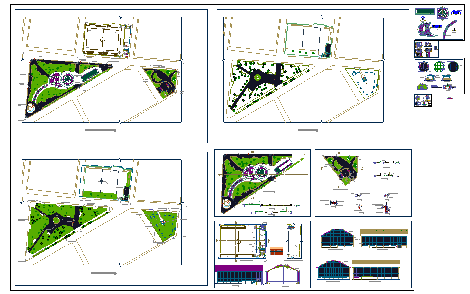 Urban park layout with multiple pavilions and sports zone DWG