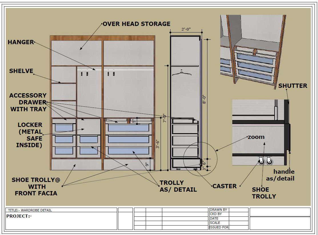 Wardrobe Detail and Design AutoCAD Drawing for Interior Cabinet Layout