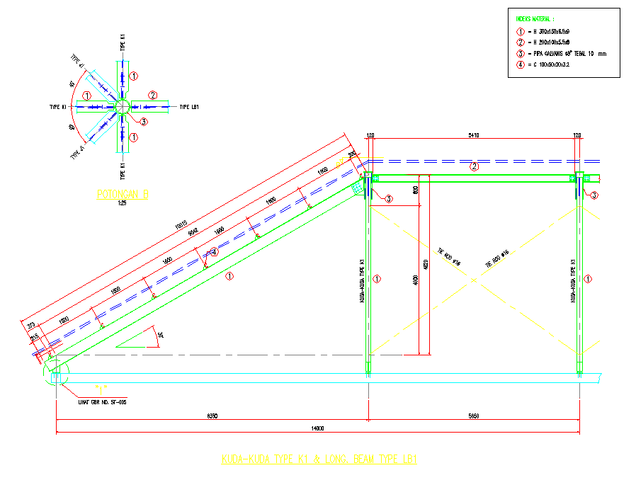 Kuda Kuda Steel Roof Frame Design with Beam Type LB1 AutoCAD DWG File