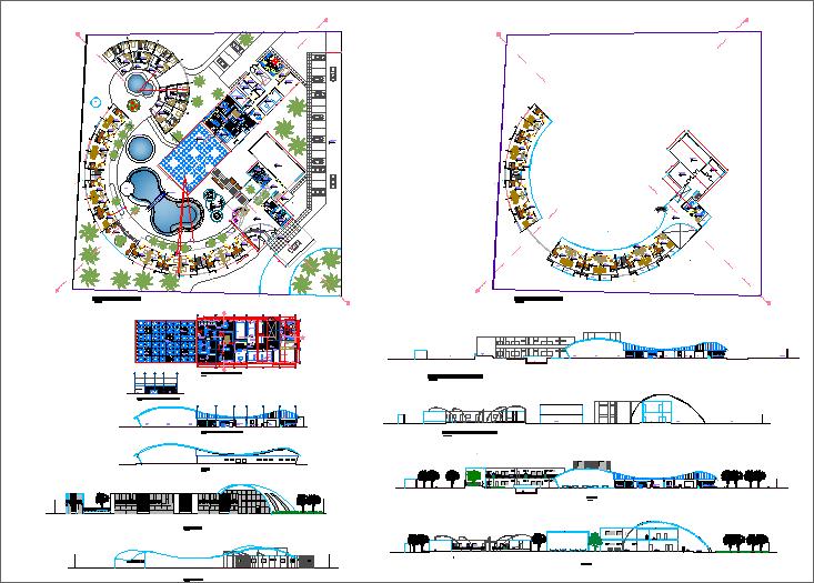 Hotel project detail plan with basement and ground floor layouts