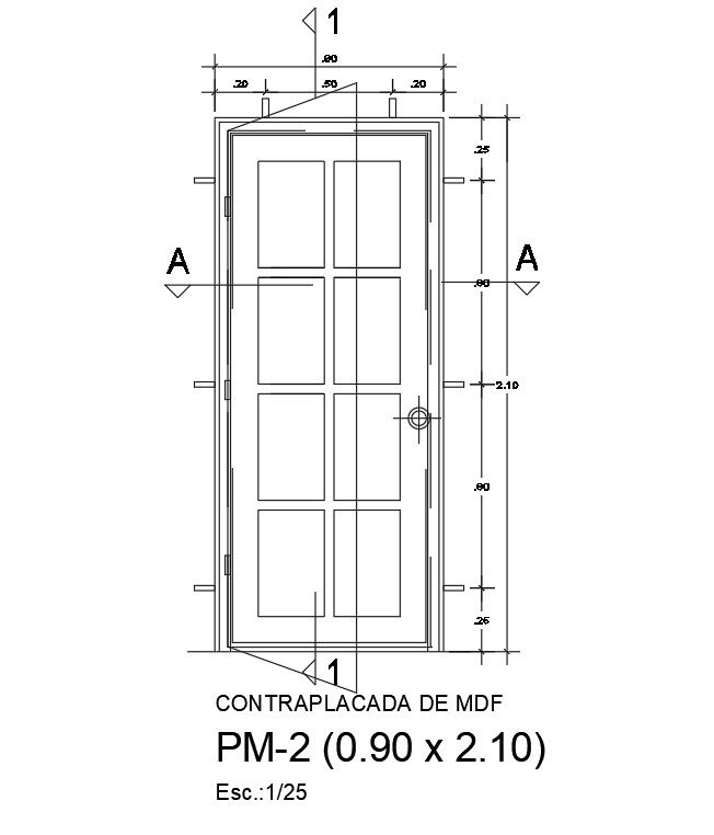 0.90 x 2.10 size of Door front elevation detail drawing presented in this AutoCAD file | Download this 2d AutoCAD drawing file.