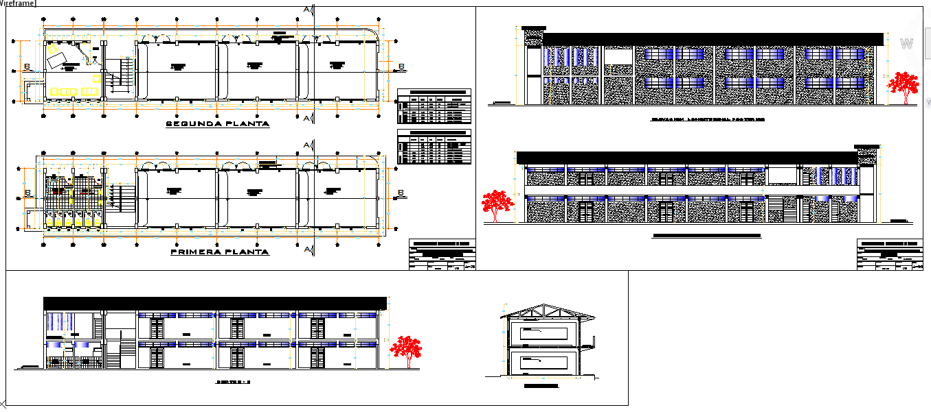 Classroom design layout and section plan in DWG format
