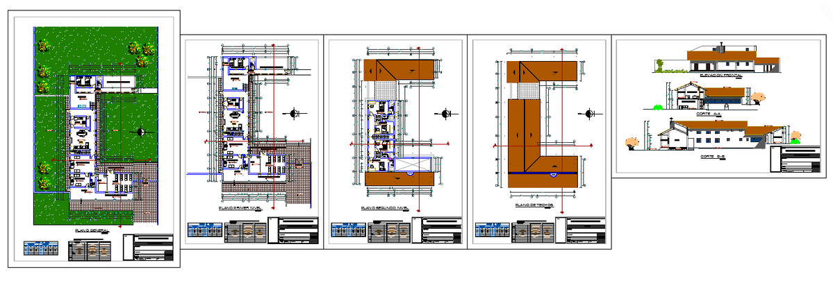 AutoCAD bungalow detail DWG with layout elevations and section plans