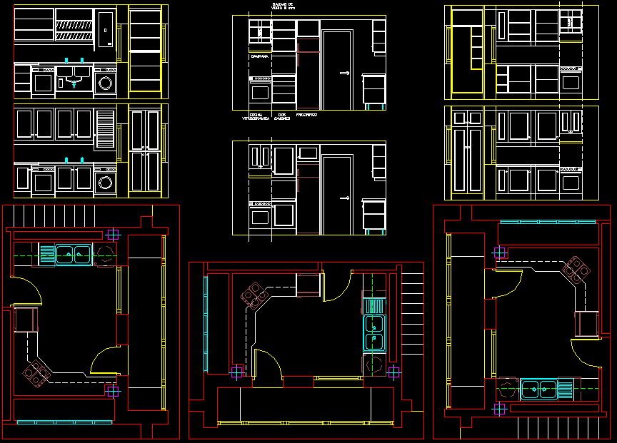 Modular Kitchen AutoCAD Plan with Detailed Elevations and Sections
