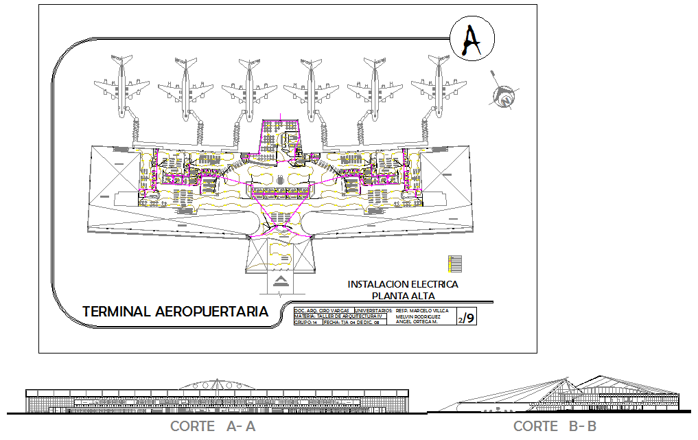 2D Airport Terminal CAD Layout with Electrical and Elevation Details