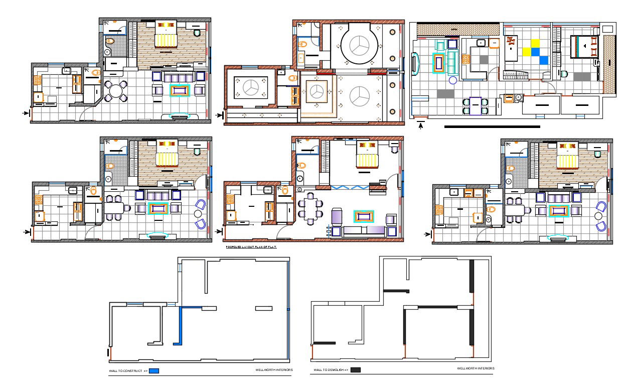 1 BHK Residential House Furniture Arrangement Layout Drawing
