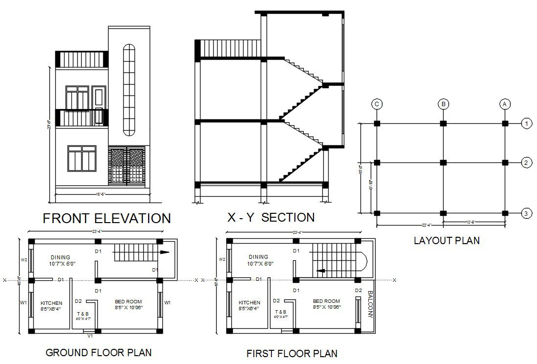 1 BHK Small House Plan And Sectional Elevation Design DWG File