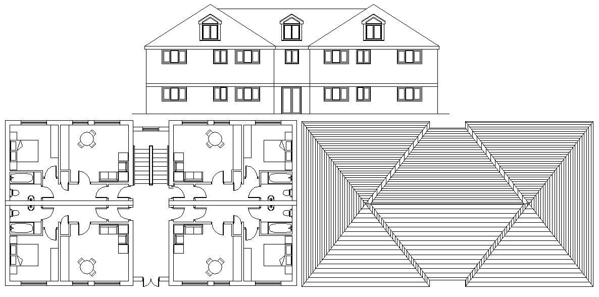 1 bhk Apartment Planning With 4 Unit Cluster And simple elevation Autocad File