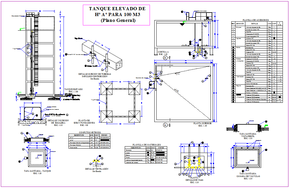 100 M 3 high tank general plan with elevation and accessory list dwg file