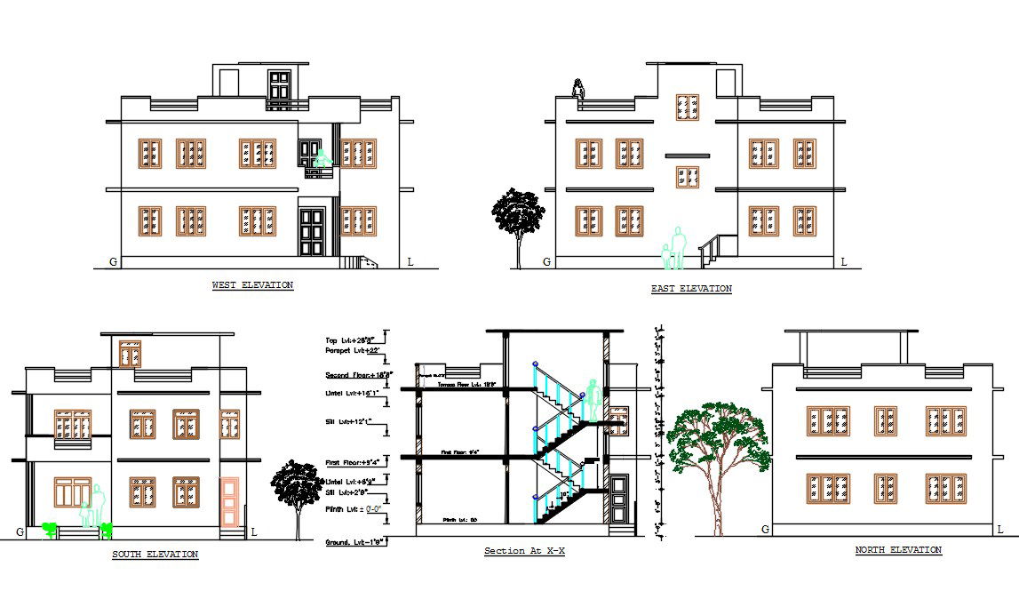 1000 Sq Ft House Building Sectional Elevation CAD Model DWG file