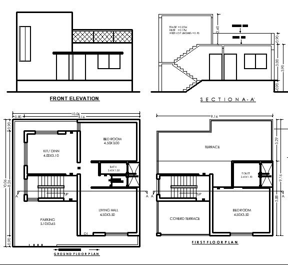 10.06x10.06m Gplus1 2BHK CAD Plan with Parking Area and Terrace Layout