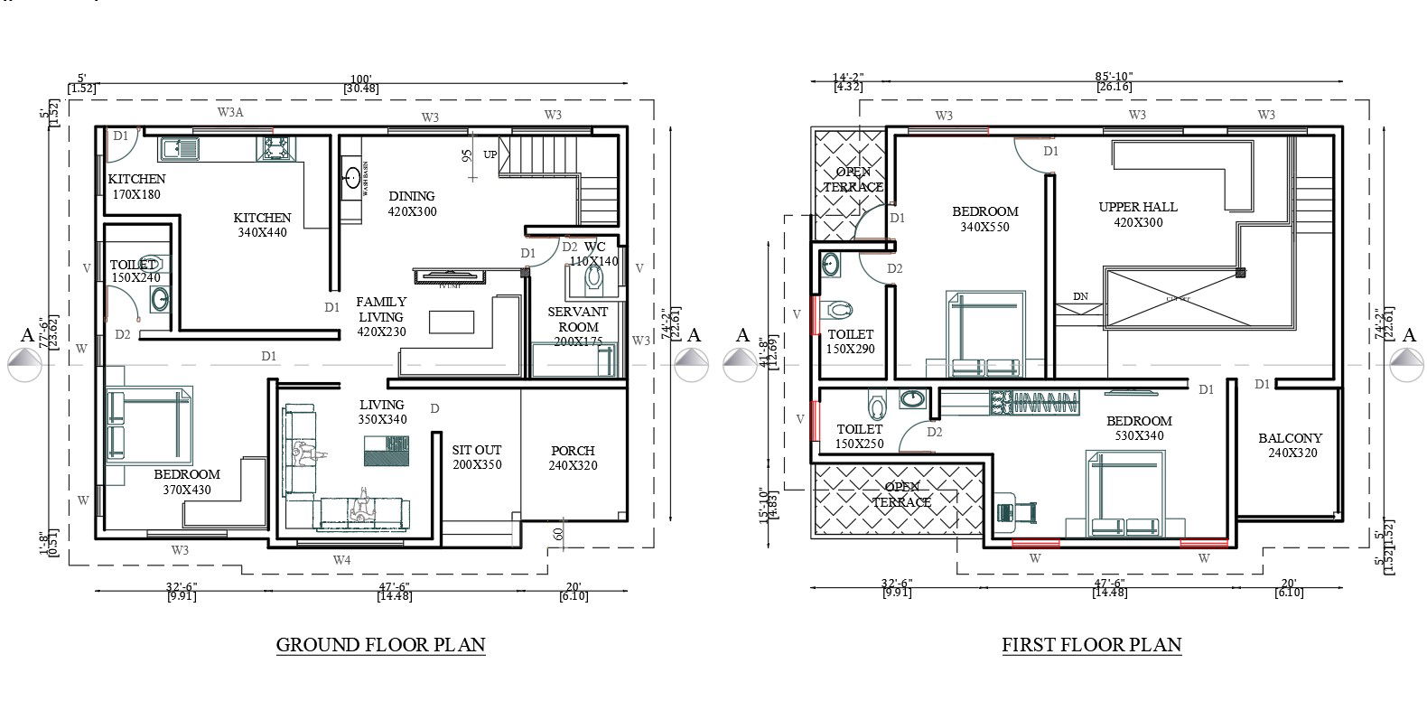 100'X77' Architecture House Ground And First Floor Plan AutoCAD Drawing Download DWG File