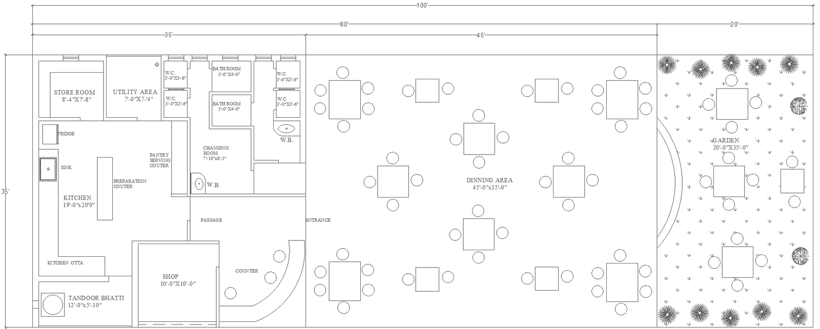 100ft x 35ft Restaurant Interior Layout Design - AutoCAD DWG File