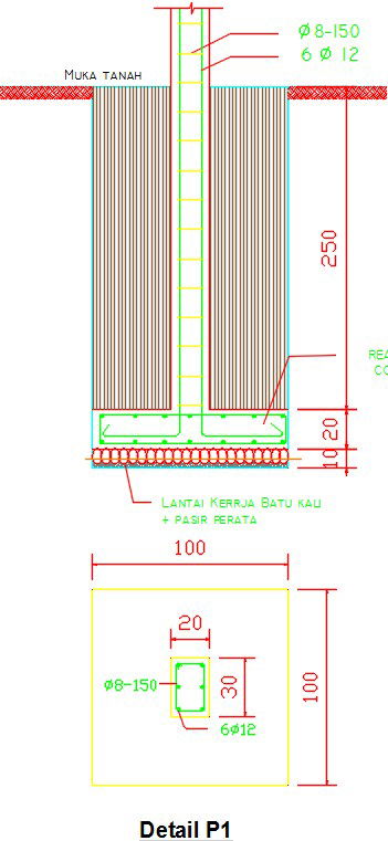 100x100cm footing cum column vertical section drawing