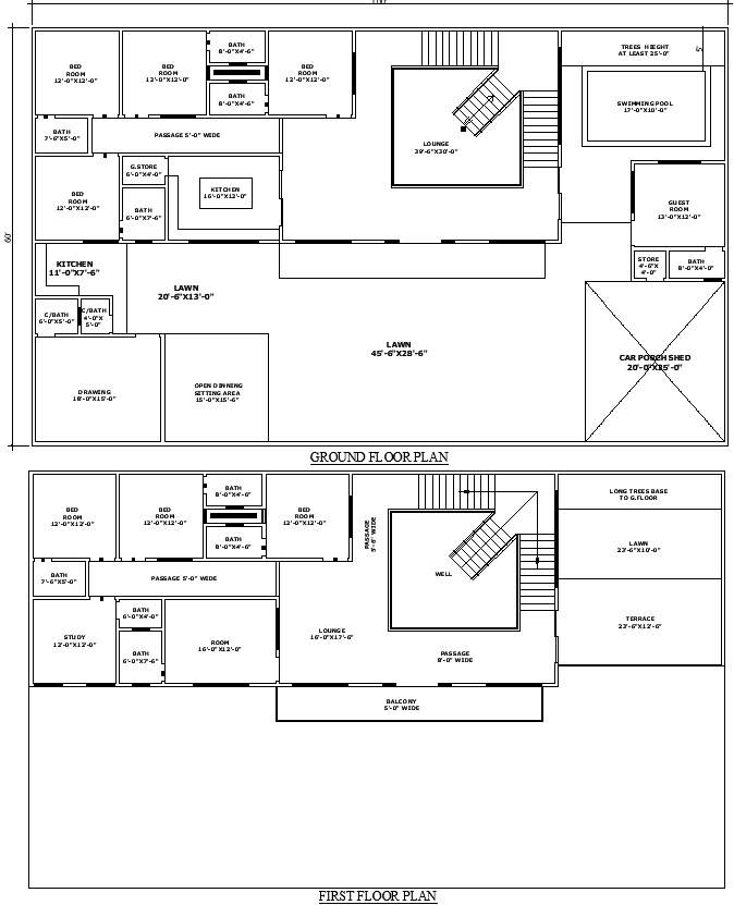 100x60 Residential House Plan with Swimming Pool in CAD File