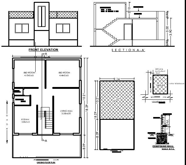 Compact 2 BHK Floor Plan in DWG File for 10.21m×9.14m Layout