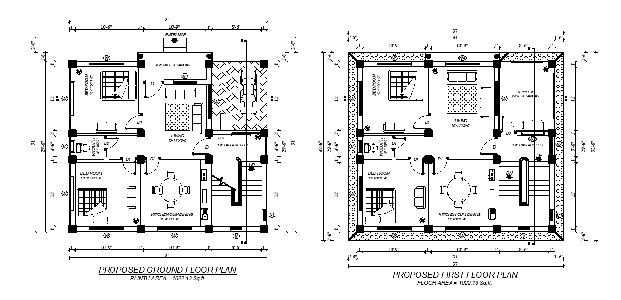 AutoCAD DWG 1022.13 sq ft Bungalow Layout and Floor Plan