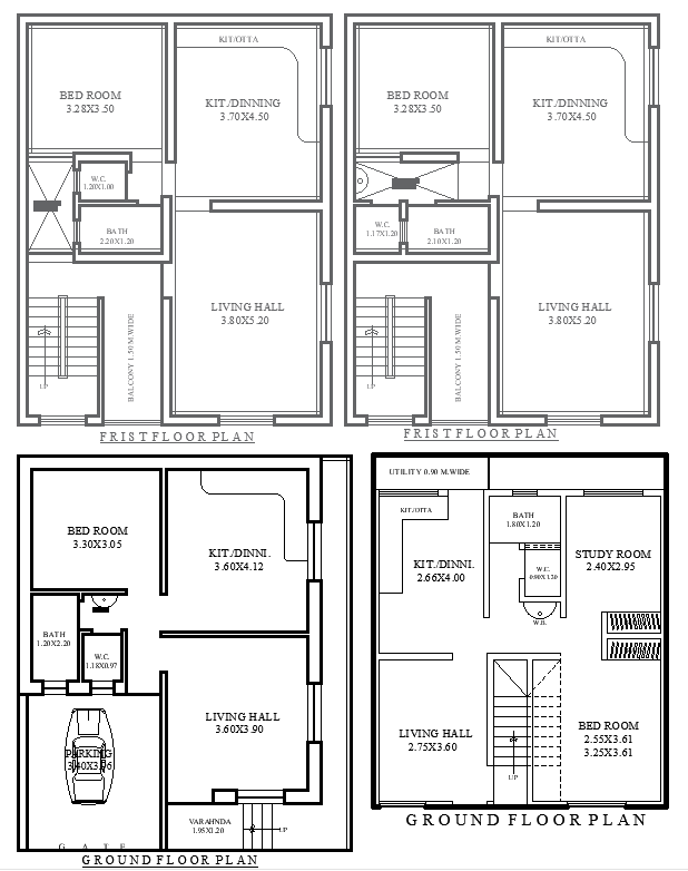 10.42ft x 8ft Ground and First Floor House Plan Design with 1BHK Details AutoCAD DWG