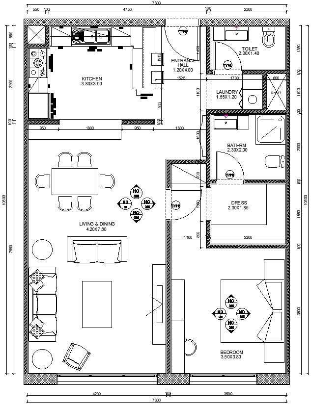 10500 x 7800 one bhk house plan IN AutoCAD, dwg file.
