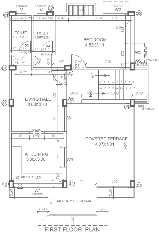 10.50ftx7.50ft 1BHK DWG House Plan with Floor Layout