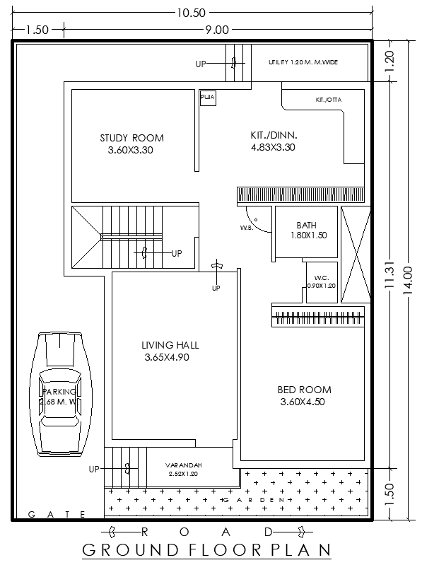 Ground Floor 2BHK House Plan 10.50x14m AutoCAD DWG Block