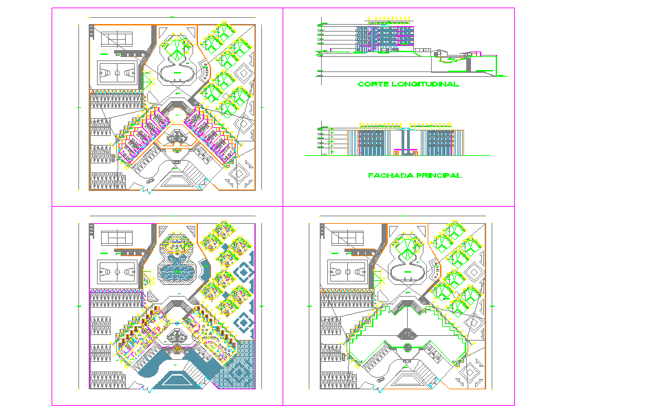 Hotel Detail Plan with Floor Layouts Section and Main Elevation DWG