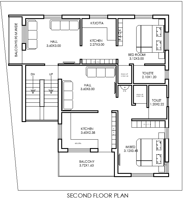 10.58x10.7m Second Floor 2BHK House Layout in DWG Format