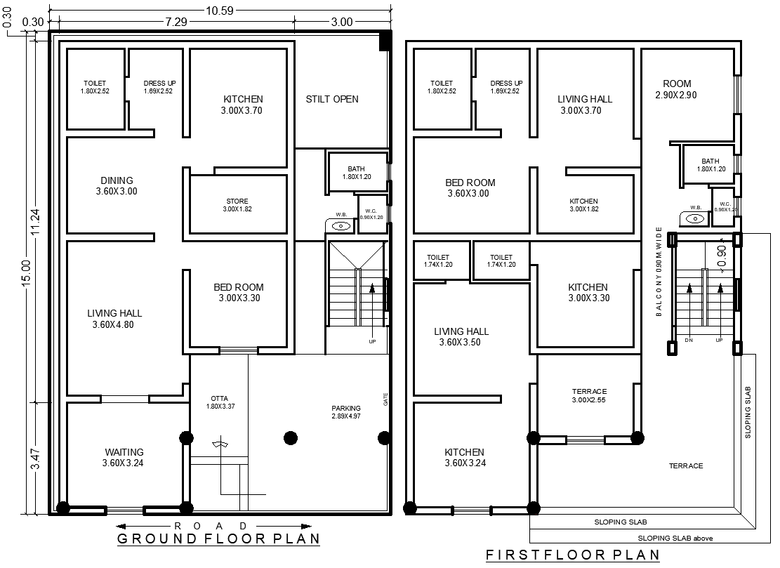 10.59m x 15m Ground and First Floor House Plan Design – AutoCAD DWG
