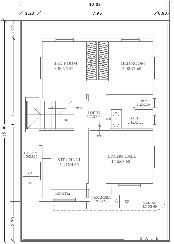 10.5x15m 2BHK House Plan Layout Design AutoCAD DWG File