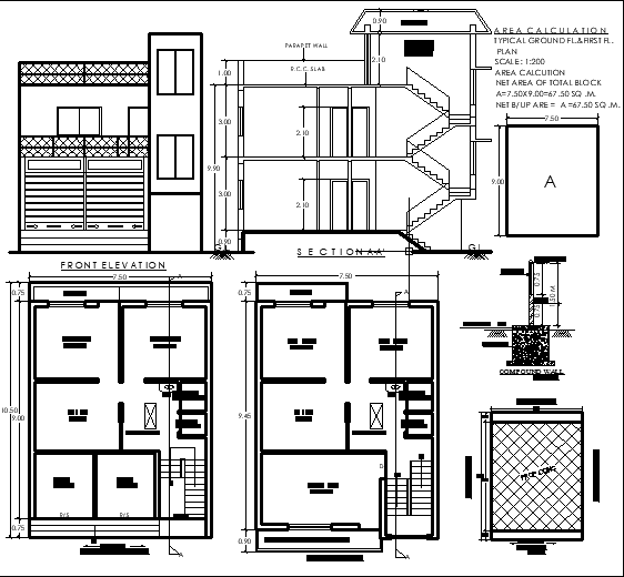 10.5m x 7.5m 3BHK House Plan with Integrated Shop in AutoCAD DWG File