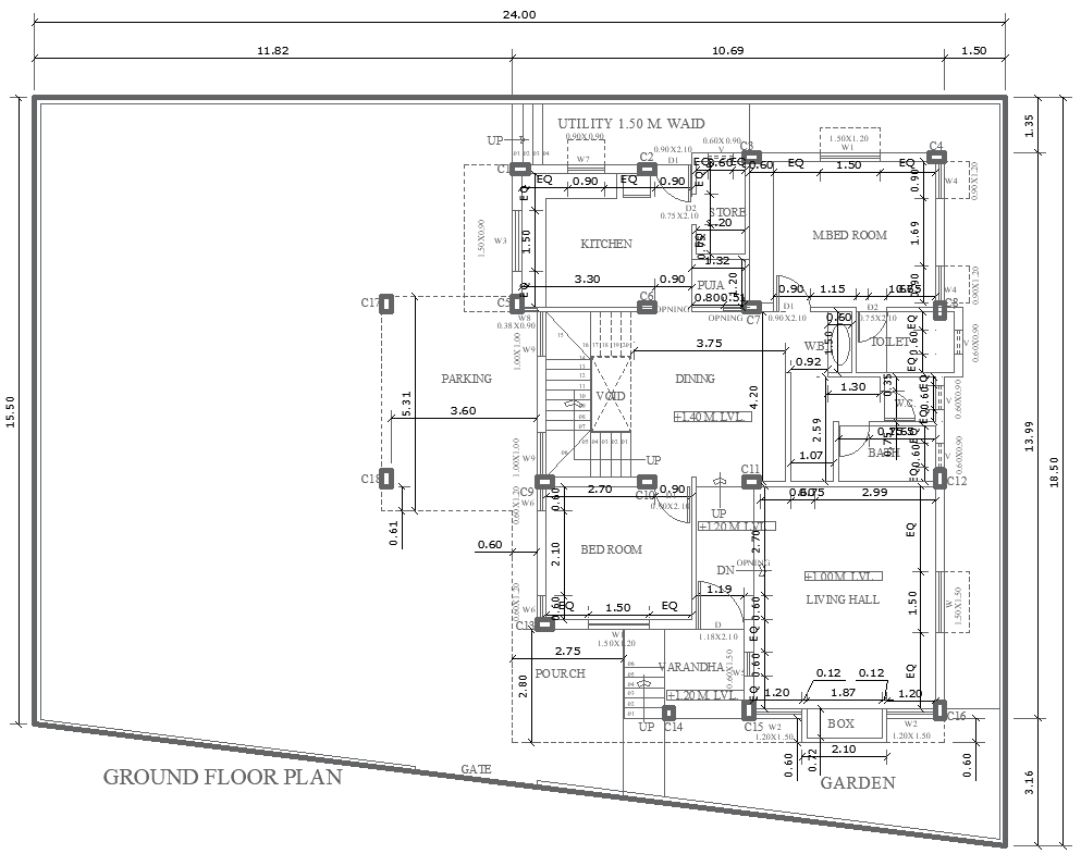 Ground Floor 2BHK Layout 10.69mx18.50m in DWG File