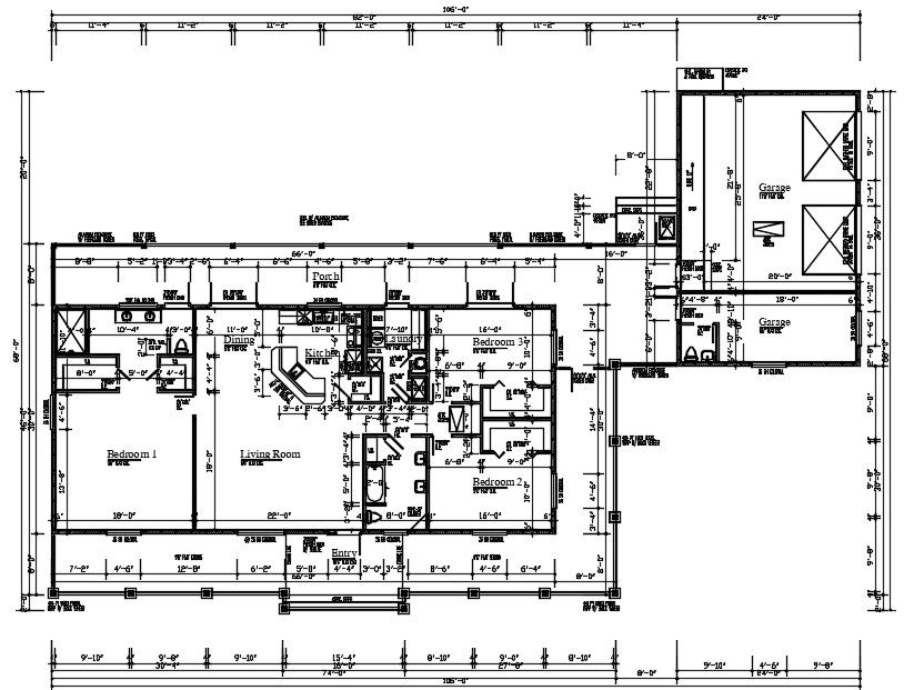 106'X68' Architecture House Ground Floor Plan CAD Drawing