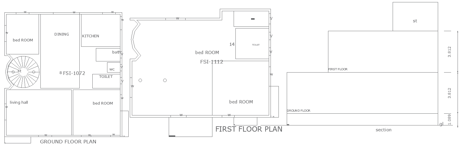 10.80x11.50m 4BHK house plan DWG with section view